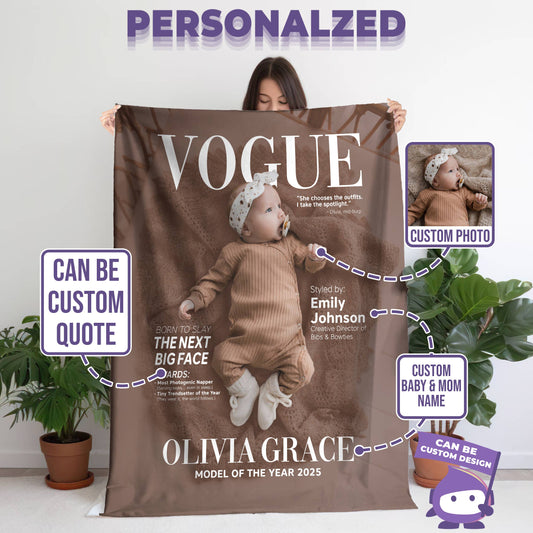 Personalized Vogue-Inspired Baby Blanket – Custom Photo, Name & Quote for Little Fashion Stars