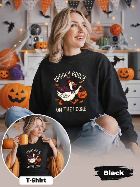 Spooky Goose On The Loose Sweatshirt – Personalized Halloween Shirt with Custom Name