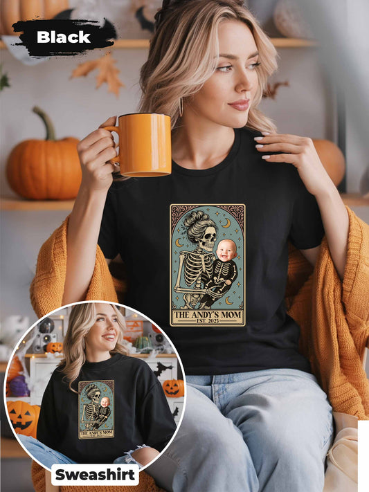 Personalized Skeleton Mom & Baby Halloween Shirt – Custom Photo & Text Tarot Card Design