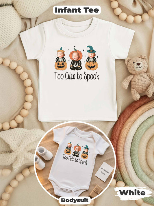 Personalized Baby “Too Cute To Spook” Halloween Outfit – Custom Photo Bodysuit & Infant Tee