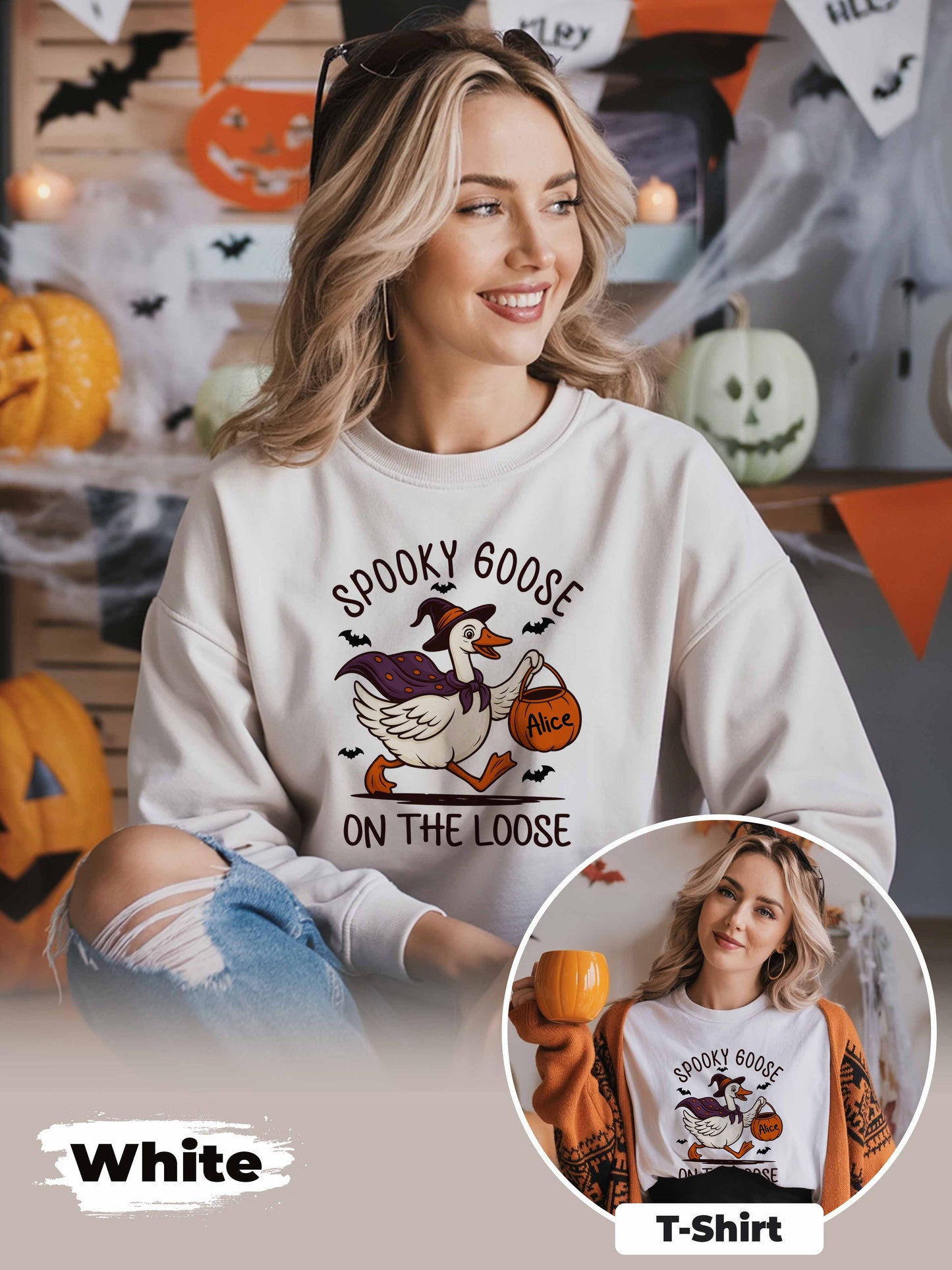 Spooky Goose On The Loose Sweatshirt – Personalized Halloween Shirt with Custom Name