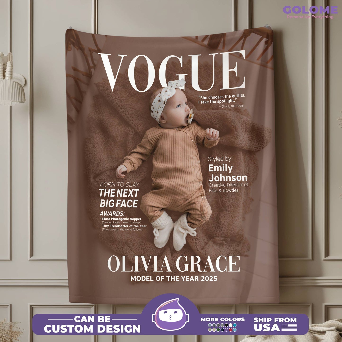Personalized Vogue-Inspired Baby Blanket – Custom Photo, Name & Quote for Little Fashion Stars