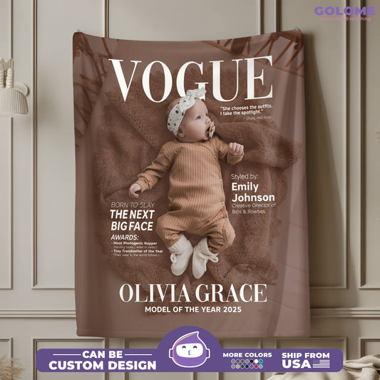 Personalized Vogue-Inspired Baby Blanket – Custom Photo, Name & Quote for Little Fashion Stars