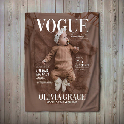 Personalized Vogue-Inspired Baby Blanket – Custom Photo, Name & Quote for Little Fashion Stars