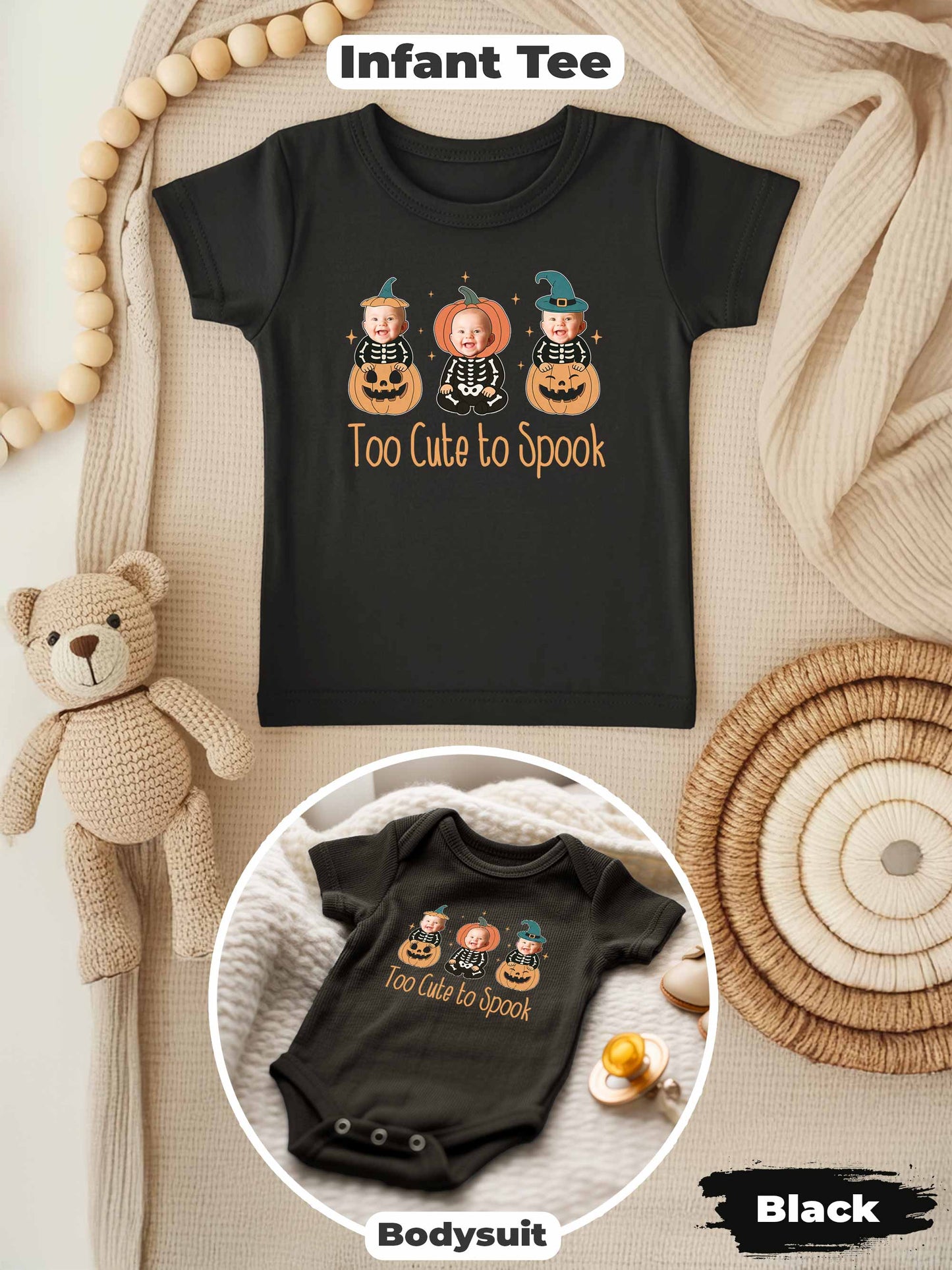 Personalized Baby “Too Cute To Spook” Halloween Outfit – Custom Photo Bodysuit & Infant Tee