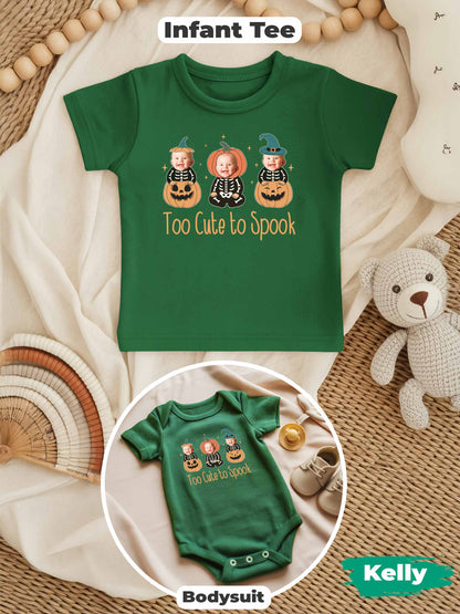 Personalized Baby “Too Cute To Spook” Halloween Outfit – Custom Photo Bodysuit & Infant Tee