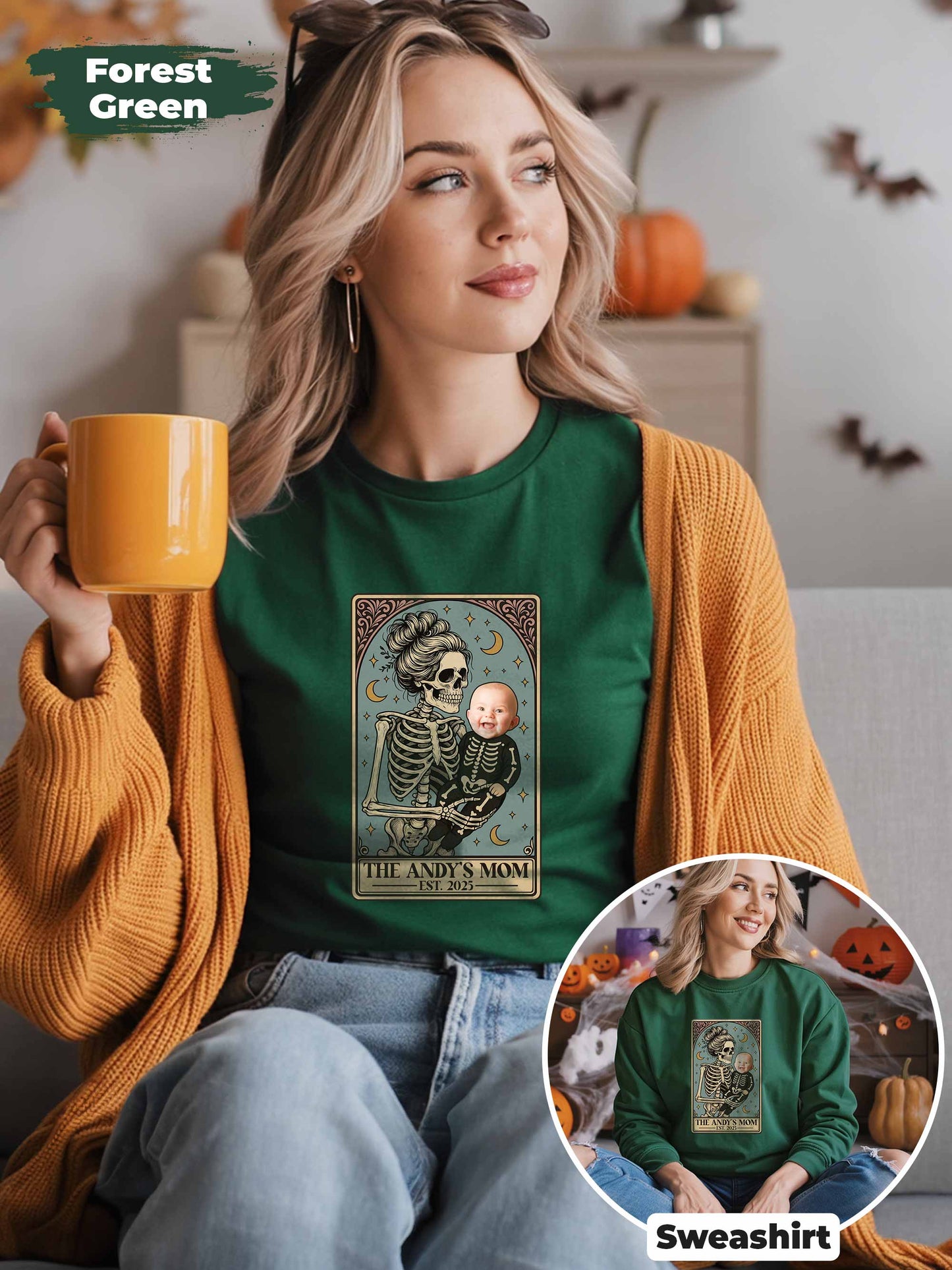 Personalized Skeleton Mom & Baby Halloween Shirt – Custom Photo & Text Tarot Card Design
