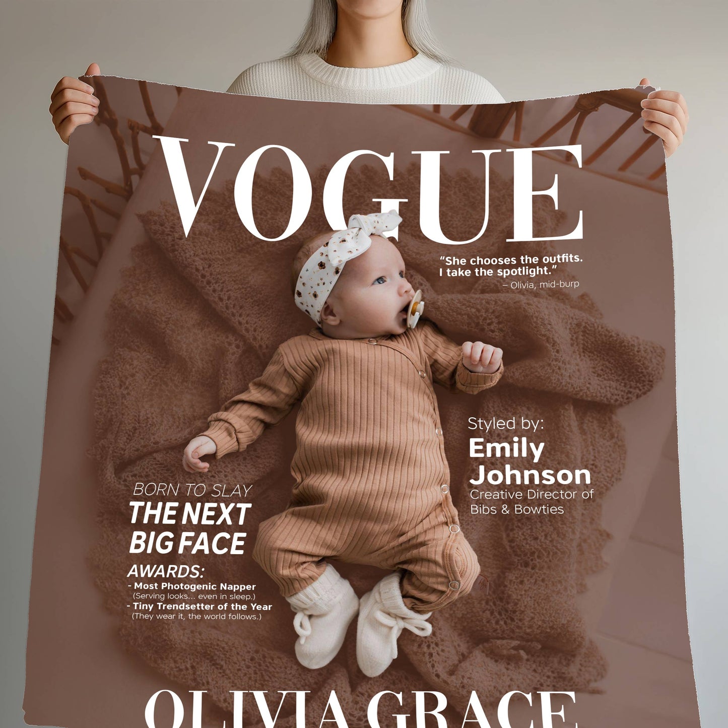 Personalized Vogue-Inspired Baby Blanket – Custom Photo, Name & Quote for Little Fashion Stars