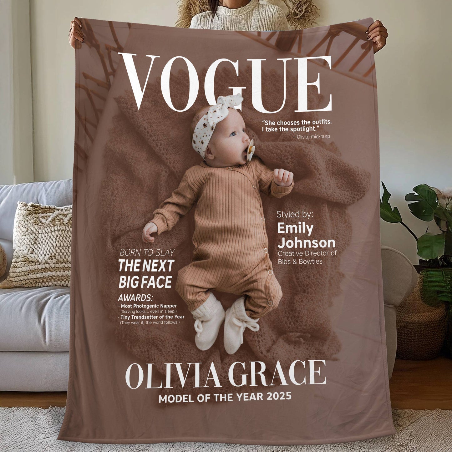 Personalized Vogue-Inspired Baby Blanket – Custom Photo, Name & Quote for Little Fashion Stars