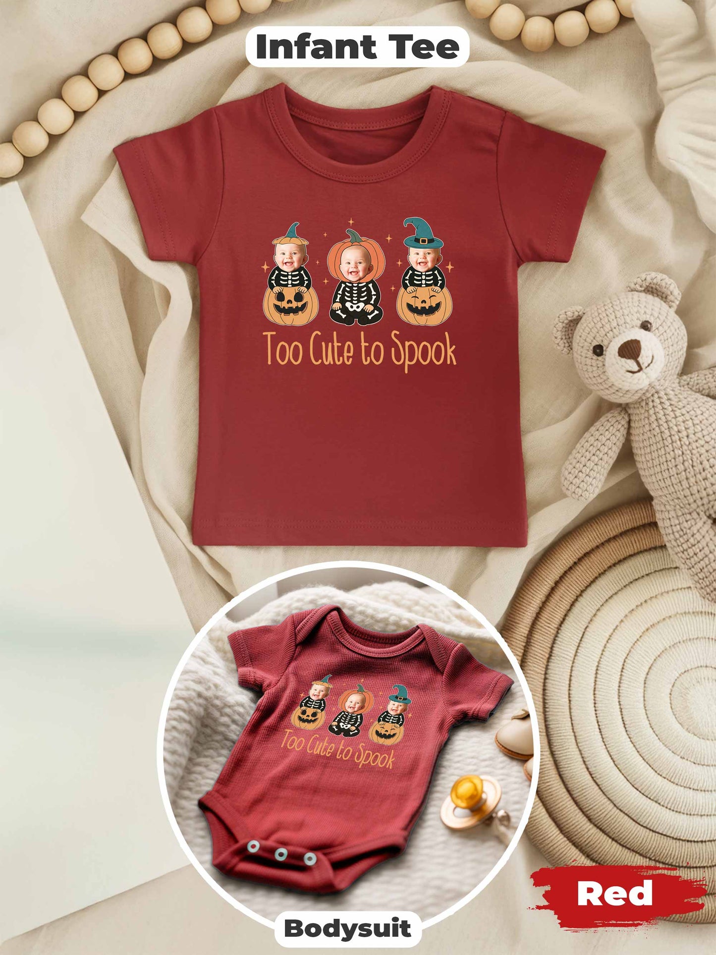 Personalized Baby “Too Cute To Spook” Halloween Outfit – Custom Photo Bodysuit & Infant Tee