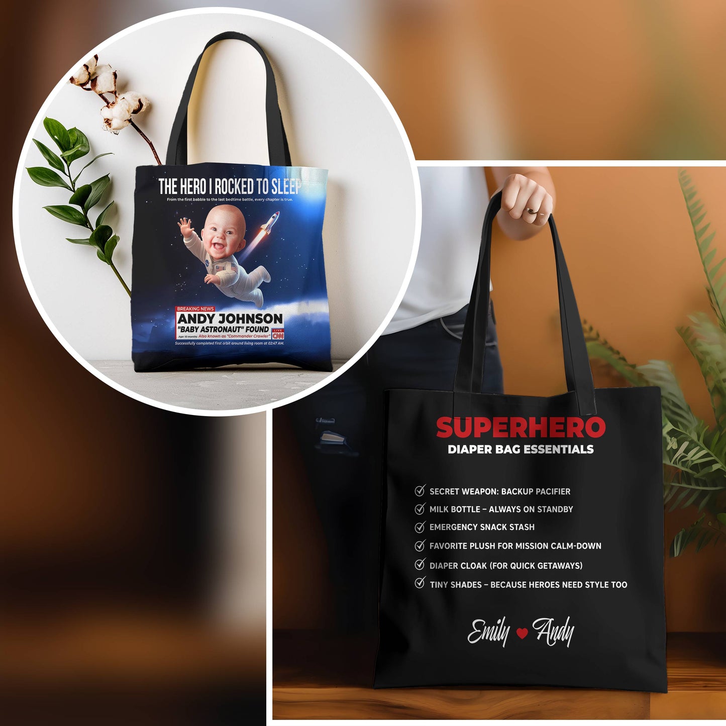 Personalized Baby Astronaut Tote Bag – Custom Name & Photo Diaper Gift