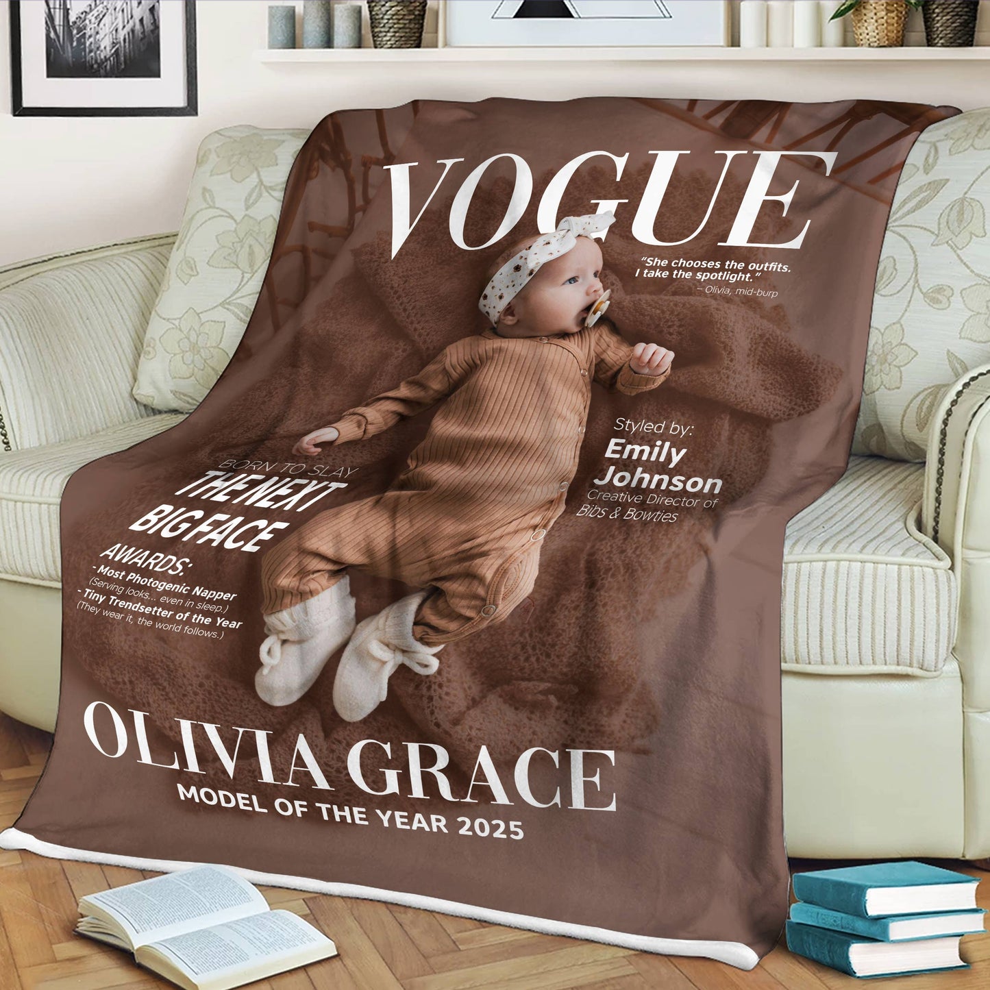 Personalized Vogue-Inspired Baby Blanket – Custom Photo, Name & Quote for Little Fashion Stars