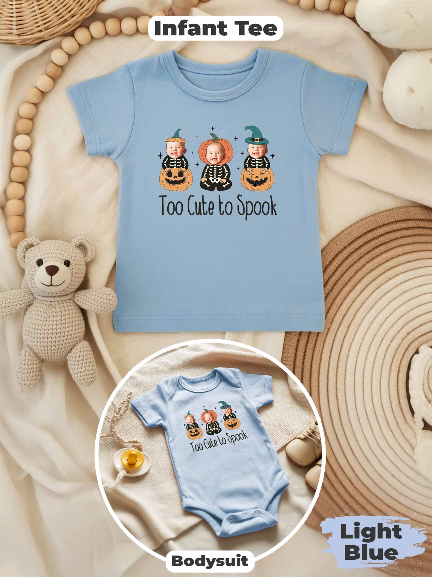Personalized Baby “Too Cute To Spook” Halloween Outfit – Custom Photo Bodysuit & Infant Tee