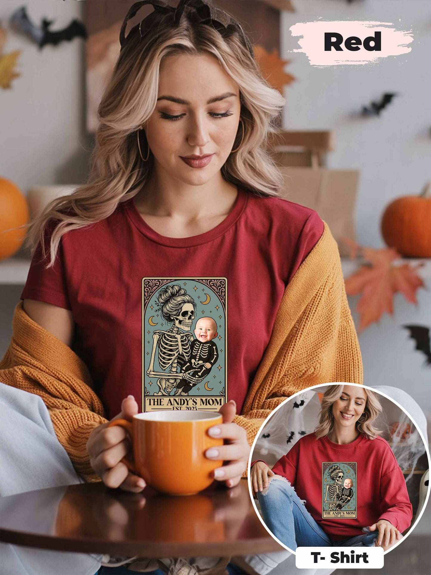 Personalized Skeleton Mom & Baby Halloween Shirt – Custom Photo & Text Tarot Card Design