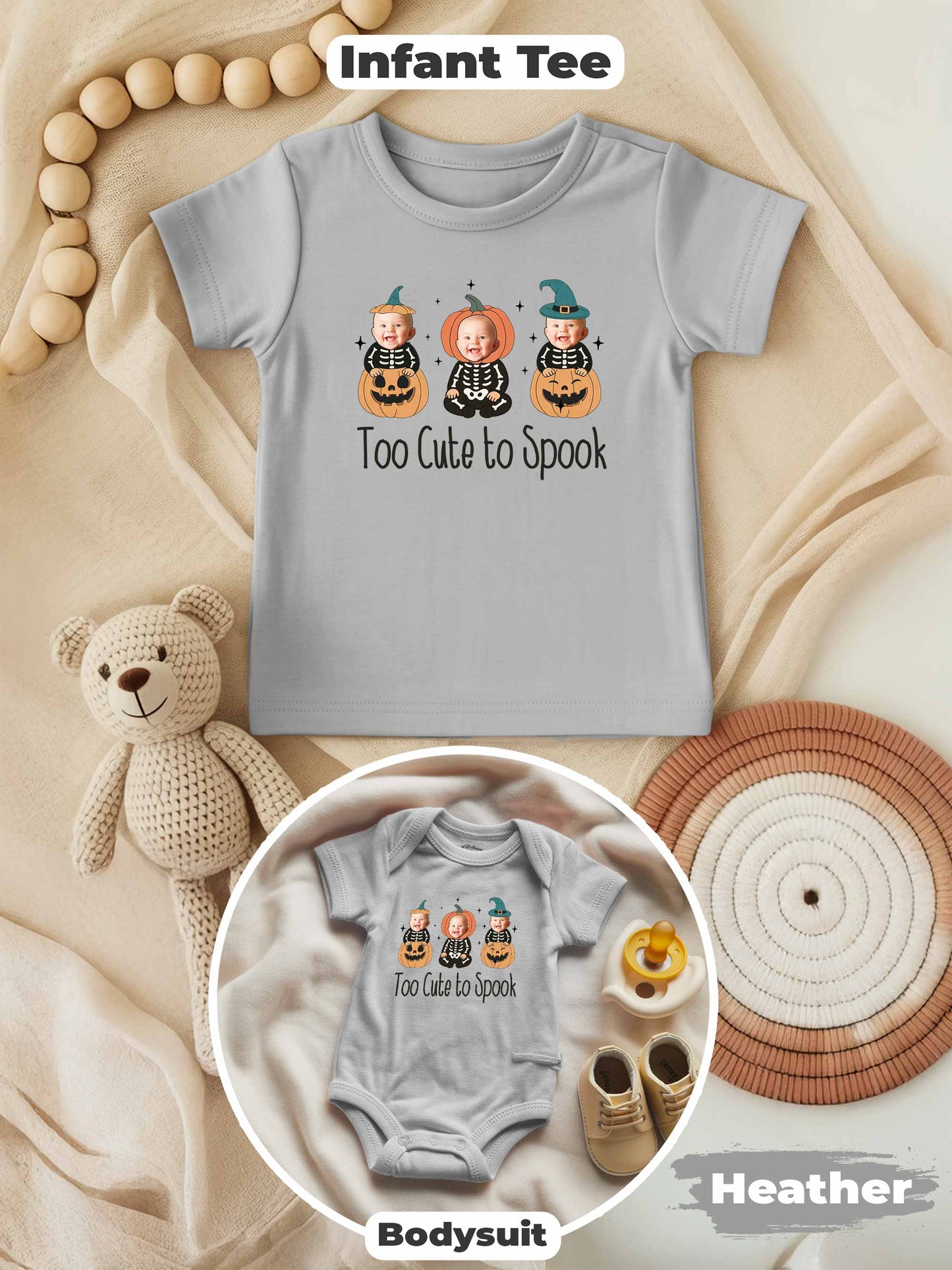 Personalized Baby “Too Cute To Spook” Halloween Outfit – Custom Photo Bodysuit & Infant Tee
